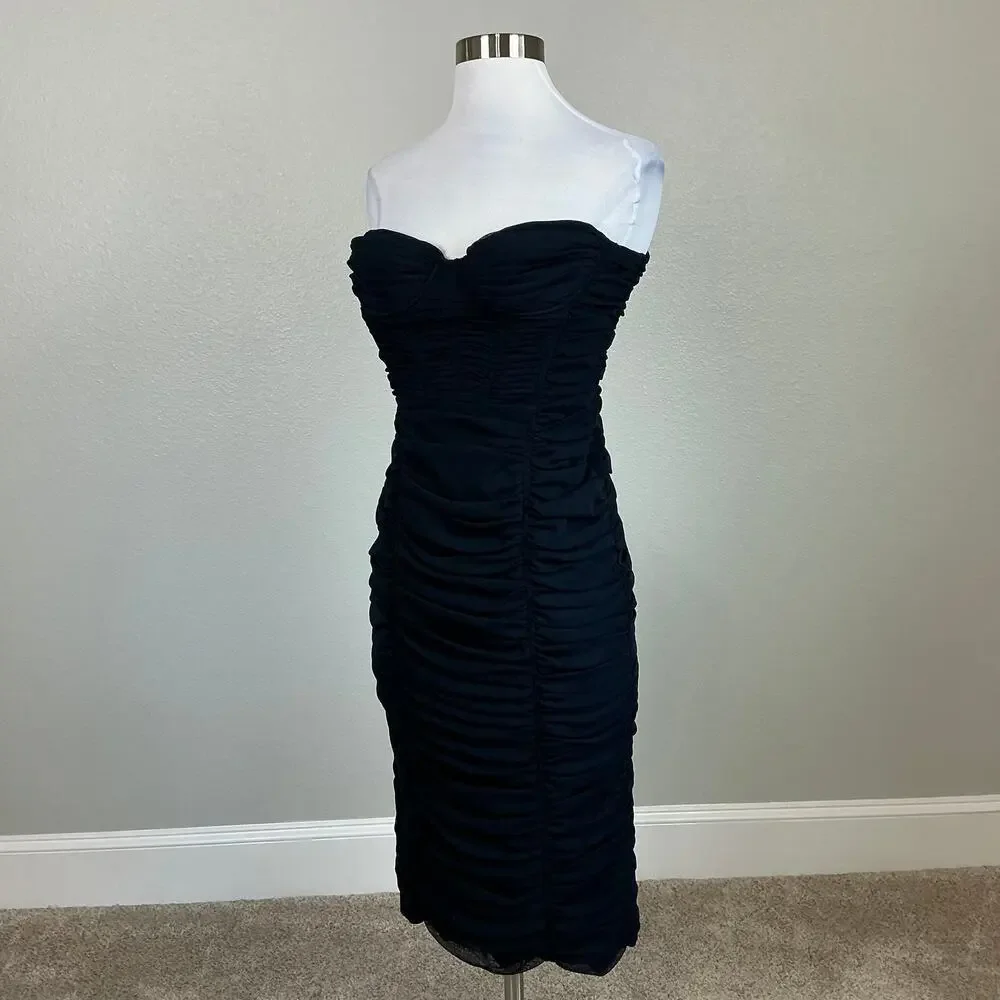 BCBGMAXAZRIA Women's Cocktail Dress Size 8 Blue Strapless Ruched Midi Sheath - Picture 4 of 13